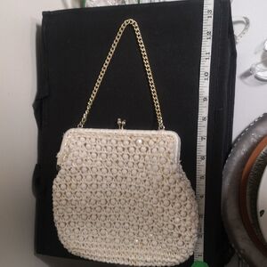 Vintage Elegant Cream Beaded Handbag with Gold Chain Artel MFG Montreal, Japan